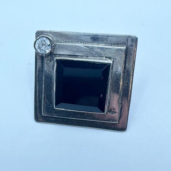 Single Pierced Earring Silver Black Onyx Cubic Zirconia Square Boho - Picture 1 of 7